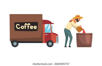 Coffee Production with Man Farmer Picking Berry and Van Vector Set