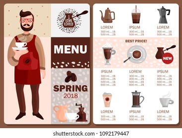 Coffee production menu with price and description of different brewing methods flat vector illustration