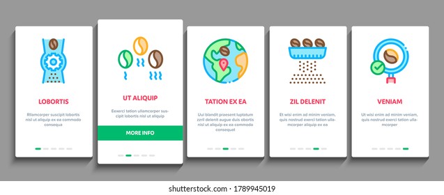 Coffee Production Onboarding Mobile App Page Screen Vector. Coffee Production Factory And Conveyor, Roasted Beans And Tree, Truck Delivery And Package Illustrations