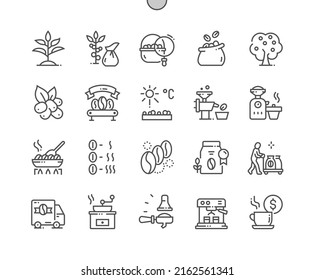 Coffee production. Planting and harvesting. Grinding, type roasted. Coffee price. Pixel Perfect Vector Thin Line Icons. Simple Minimal Pictogram