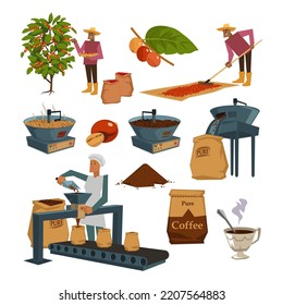 Conjunto de ilustraciones de dibujos animados para el proceso de producción de café. Cosecha de trabajadores, secado, tostación de granos en granos de cafetera y envasado de granos de café. Fábrica, fabricación, concepto de industria