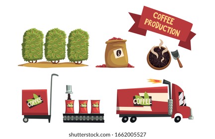 Coffee Production Process Collection, Harvesting, Roasting, Packing, Logistics Vector Illustration Isolated on White Background