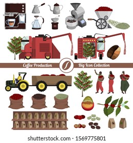 Coffee production, processing and preparation. Big icon collection. Equipment, tools and transport. Worker and product. Ecological production. Set of isolated objects on white background. Flat vector