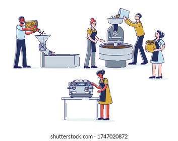 Coffee production stages: coffeehouse workers roasting, grinding beans and making beverage with coffee machine. Industry and coffeeshop business concept. Linear vector illustration