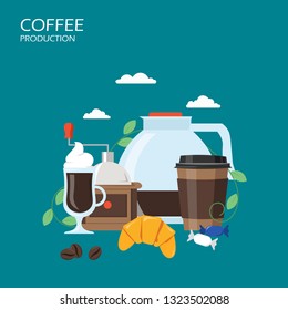 Coffee production vector flat illustration. Glass jug, mug, disposable cup with hot bracing drink, croissant, candies. Coffee shop house poster, banner.