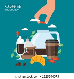 Coffee production vector flat illustration. Hand putting lid on glass pitcher, grinder, mug of drink with whipped cream, disposable cup, croissant, candies. Coffee with croissant poster, banner.
