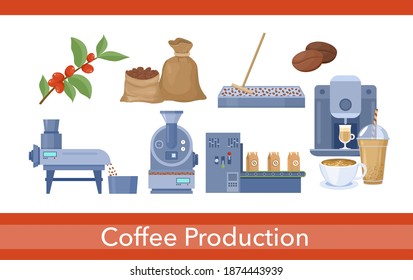 Coffee production vector illustration set. Cartoon process of picking harvesting, processing to dry coffee beans, roasting coffee product and packing in factory, beverage technology isolated on white