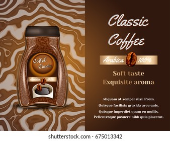 Coffee products ad. Vector 3d illustration. Instant coffee bottle template design. Arabica brand bottle advertisement poster layout.