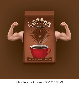 Coffee products that make you healthy.coffee have arms showing strong muscles.illustration vector