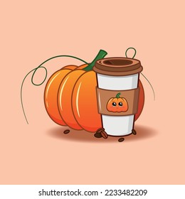 Coffee pumpkin spice. Cute flat vector illustration of a pumpkin and a cup of coffee. Illustration for coffee houses, cards, invitations