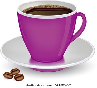 Coffee in purple cup and beans on a white background.vector ilustration