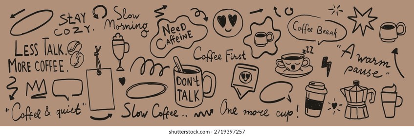 Coffee quote doodle illustration set with cozy phrases, cups, mugs and morning vibes. Playful black line art elements for posters, stickers, social media and cafe branding.