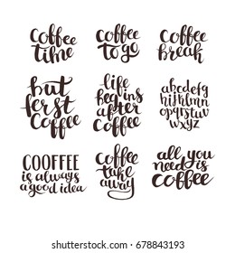 Coffee quote hand drawn typography set. Hand draw vector illustration. Calligraphy letters for you text 