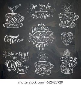 Coffee quote on the chalk board. Vector hand-drawn lettering set.