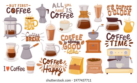 Coffee quotes and cups. Morning breakfast hot drink design for cafe posters. But first coffee. Cappuccino, espresso and latte cup vector set. Illustration drink cafe, breakfast coffee lettering