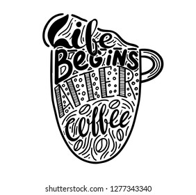 Coffee quotes . Decorative letter. Hand drawn lettering. Quote. Vector hand-painted illustration. Decorative inscription. Morning coffee. Coffee break. Vintage illustration