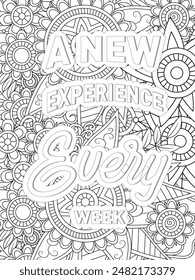 Coffee Quotes Flower Coloring Page Beautiful black and white illustration for adult coloring book