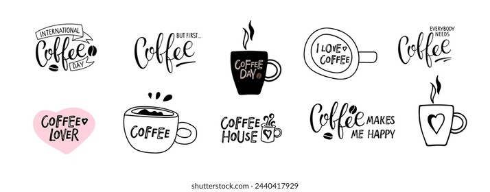 Juego de cotizaciones de café. Colección de citas de tipografía dibujada a mano. Letras manuscritas vectoriales. Buenos días frases de humor al estilo doodle. Para cafetería para saludo, invitación, tarjeta, etiqueta engomada