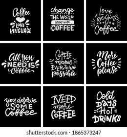 Coffee quotes and titles on the blackboard. Modern hand lettering set. Textured hand drawn text composition