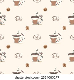 Coffee and rabbit cartoon so cute. On cookie background. Pattern seamless vector illustration. 