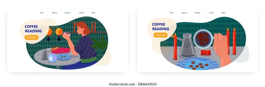 Coffee reading landing page design, website banner vector template set. Fortune telling, tasseography on coffee grounds.