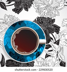 Coffee. Realistic white cup of coffee. Hand drawn coffee with ornament and flower background. Vector illustration 10 EPS