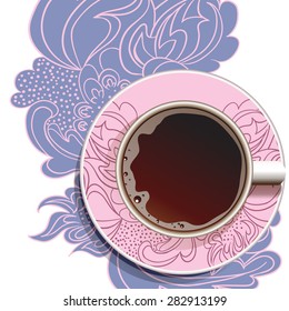 Coffee. Realistic white cup of coffee. Hand drawn coffee with ornate paint background. Vector illustration 10 EPS
