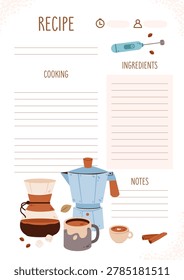 Coffee recipe template with moka pot, pourover brewing, and espresso elements. Coffee organizer template with coffee beans, cinnamon, and homemade beverage preparation.