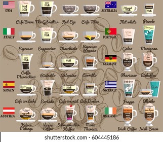 Coffee recipes from around the world.  Espresso, regular brewed and instant coffee as well as beverages on their basis with the use of milk and alcohol.Vector Infographic set.