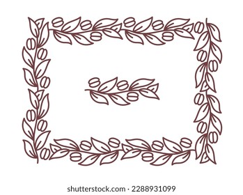 Coffee rectangular frame pattern. Floral ornament. Coffea design element. Editable outline stroke. Vector line.