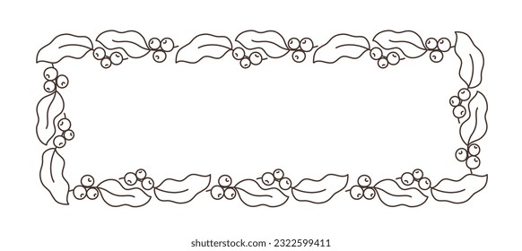 Coffee rectangular frame pattern ornament. Leaves with beans. Editable outline stroke. Vector line.