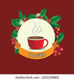 Coffee Red Cup background stock illustration.Concept of advertising coffee with branches.