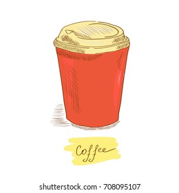 Coffee. A red cup. Espresso, American, cappuccino. Sketch. On a white background.
