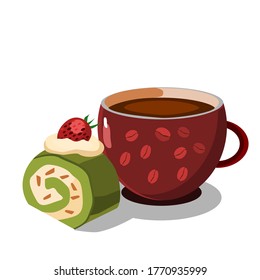 Coffee in a red cup has a green tea cake roll. Isolated on white.Can be used for logo, icon, restaurant menu, packaging, and graphic.