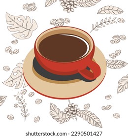 Kaffee-rote Tasse auf Blatthintergrund.