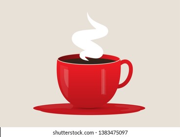 Coffee red cup with smoke. Vector Illustration icon. Flat Style. Design for Cafeteria Posters and Banners Cards