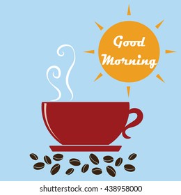 Coffee red cup with sun rise logo vector. Message good morning in sun.