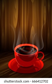Coffee and red cup of coffee with wooden background, morning coffee day start