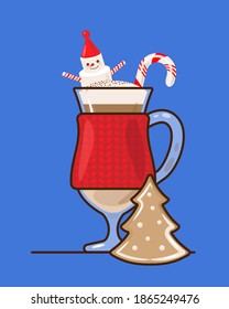 Сup of coffee with red knitted dressing. Christmas Latte in a glass with knitted clothes. Christmas decor with a Cup of coffee.