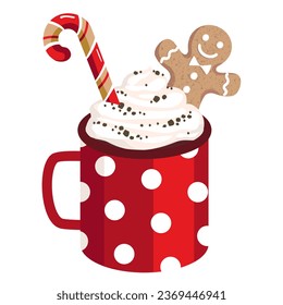 Coffee red mug with caramel cane and ginger man. Illustrated vector clipart.