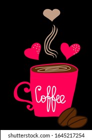 Coffee. Red mug with coffee and hearts on white background. Hot drink. Americano, cappuccino, latte, espresso, mocha. Vector illustration.