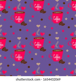 Coffee. Red mug with coffee, hearts, stars and colorful dots on violet background. Hot drink. Americano, cappuccino, latte, espresso, mocha. Vector seamless pattern.