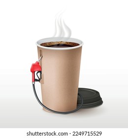 Repostería de café. Imagen creativa de combustible cafeína, dispensador de bombas de gasolineras con taza de plástico 3d para beber té, café publicidad idea de energía líquida de coche, tidy ilustración vectorial de la bebida de energía de combustible