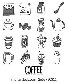 Conjunto de iconos de Vector Doodle relacionado con café. Línea dibujada a mano de la ilustración del bosquejo del dibujo.