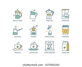 Coffee related French press, milk, moka pot, Turkish, grinder, takeaway, espresso, cappuccino. 