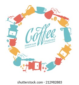 Coffee related icons composition in radial frame. Vector illustration.