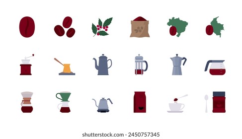 Coffee related icons - grinder, kettle, moka, crave, pour-over, drip coffee, coffee maker, kettle, instant coffee, cup and spoon. Icon set, minimalist style. Stylised flat vector. Isolated