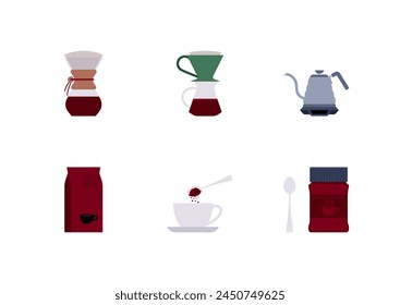 Coffee related icons - pour-over coffee maker, kettle, instant coffee, cup and spoon. Icon set, minimalist style. Stylised flat vector. Isolated