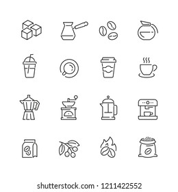 Coffee related icons: thin vector icon set, black and white kit