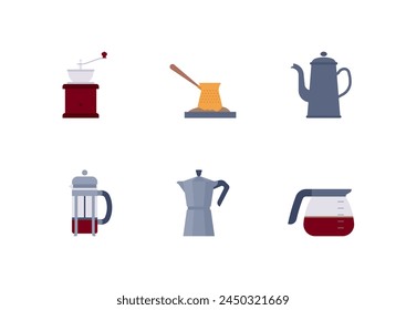 Coffee related icons - vintage grinder, turkish cezve, kettle, mocha pot, coffee jug. Icon set, minimalist style. Stylized flat vector. Isolated